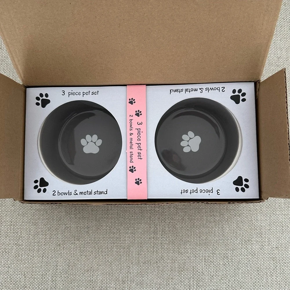 Gray Pet Bowl Set with Paw Print